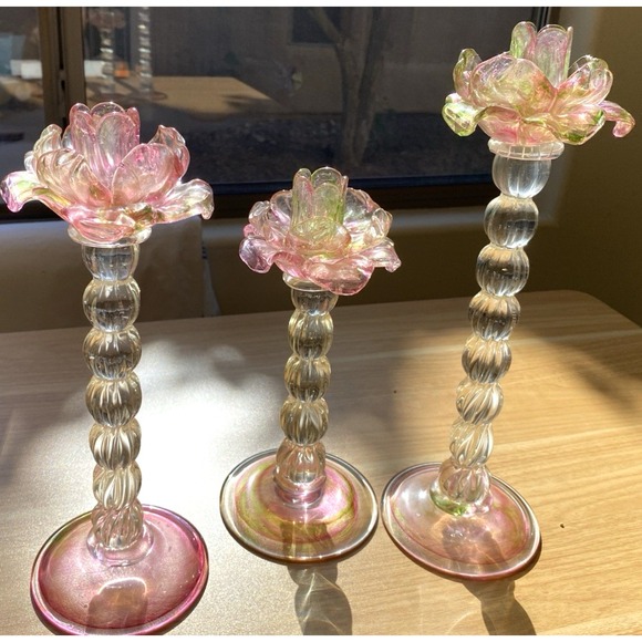 3 Rose Candle Holders Art Glass Floral Pink Green Flower Elegant Romantic